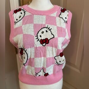 Sanrio Hello Kitty pink & white checked knit pullover sweater vest women size M.